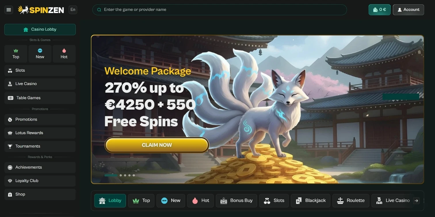 Spinzen Casino homepage featuring an anime-style multi-tailed fox banner with bonus promotion text.