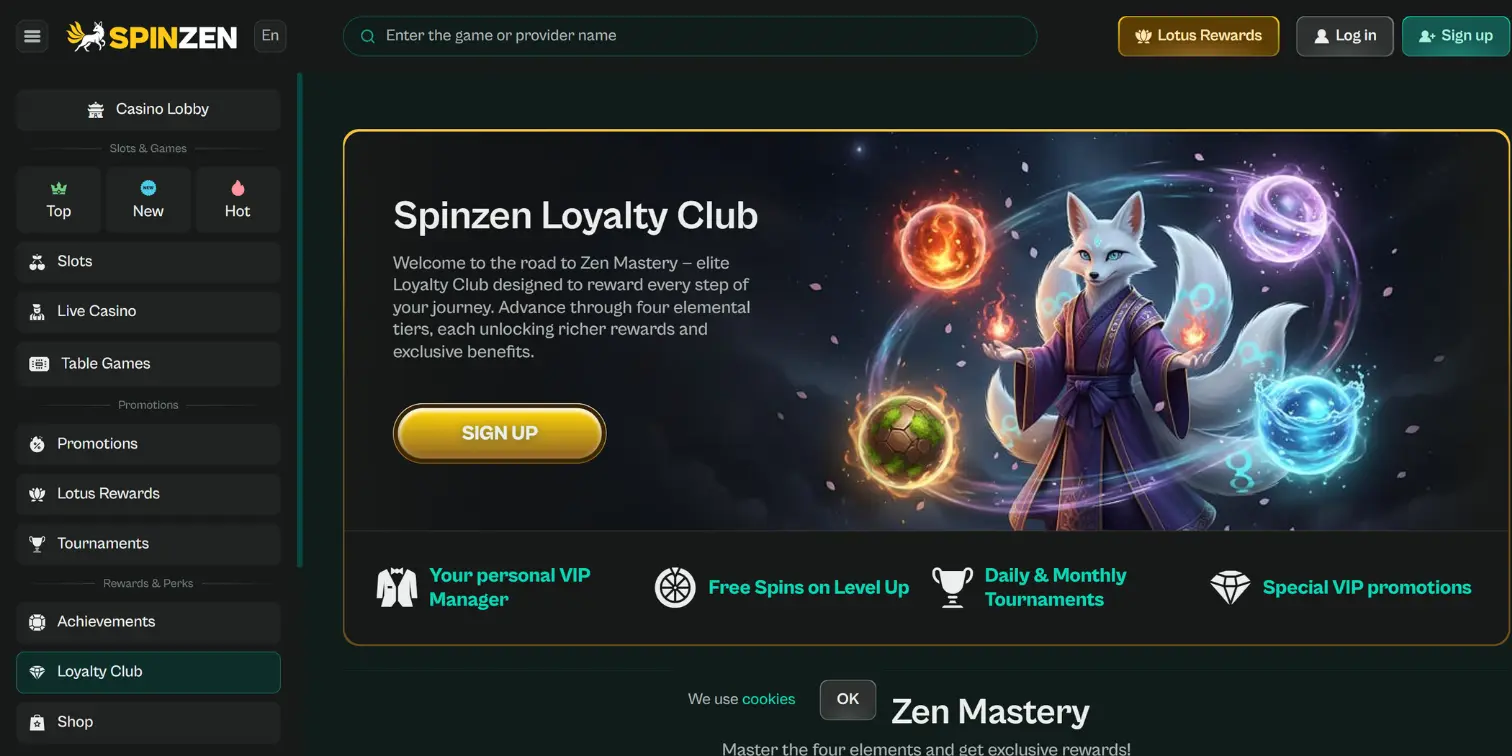 Spinzen Loyalty Club banner featuring a mystical fox character and elemental rewards.