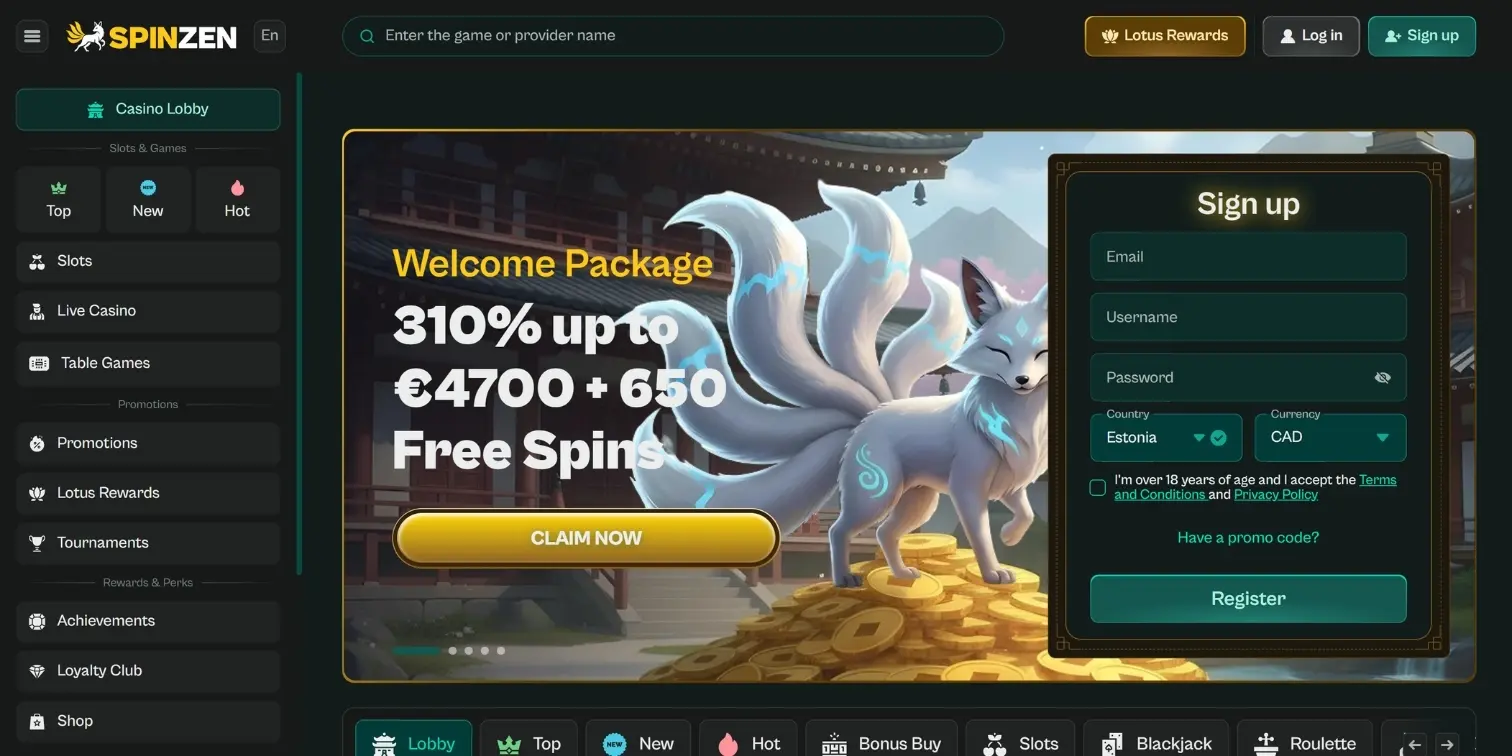 Spinzen Casino website showing a dark layout and a welcome bonus banner featuring an anime fox.