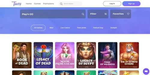 Play'n GO games filtered on the blue and white Tsars Casino website user interface. 