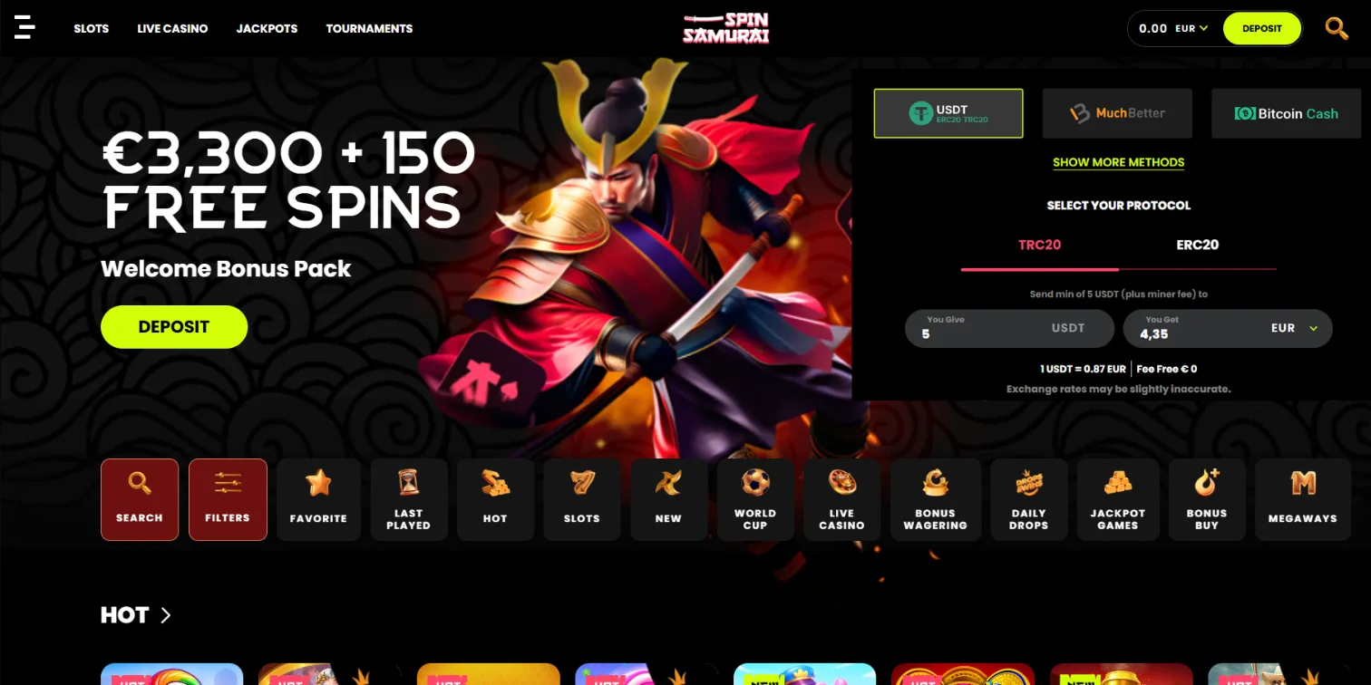 Spin Samurai homepage featuring a welcome bonus banner and a USDT deposit pop-up window.