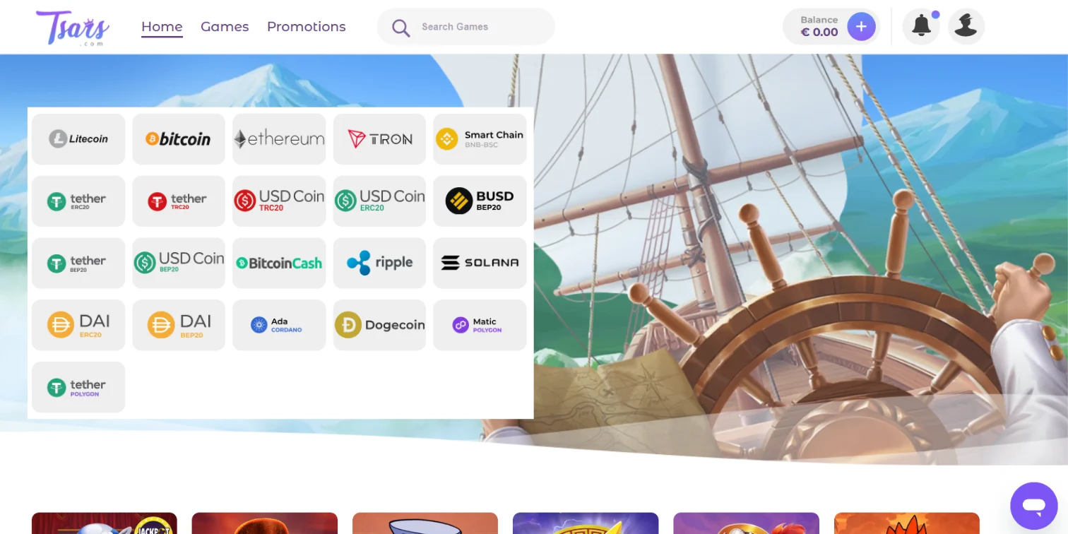 Tsars casino website showing available cryptocurrency payment methods next to a ship wheel.