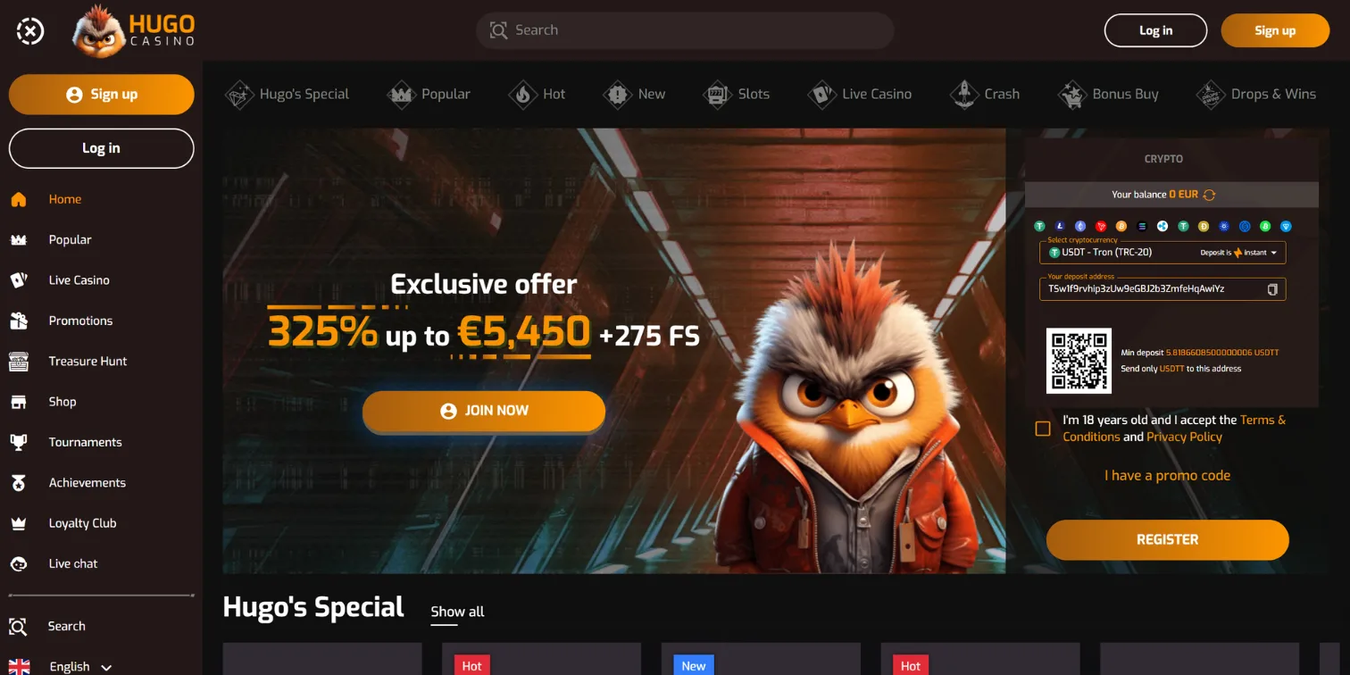 Hugo Casino site featuring an exclusive bonus offer and a USDT deposit window.