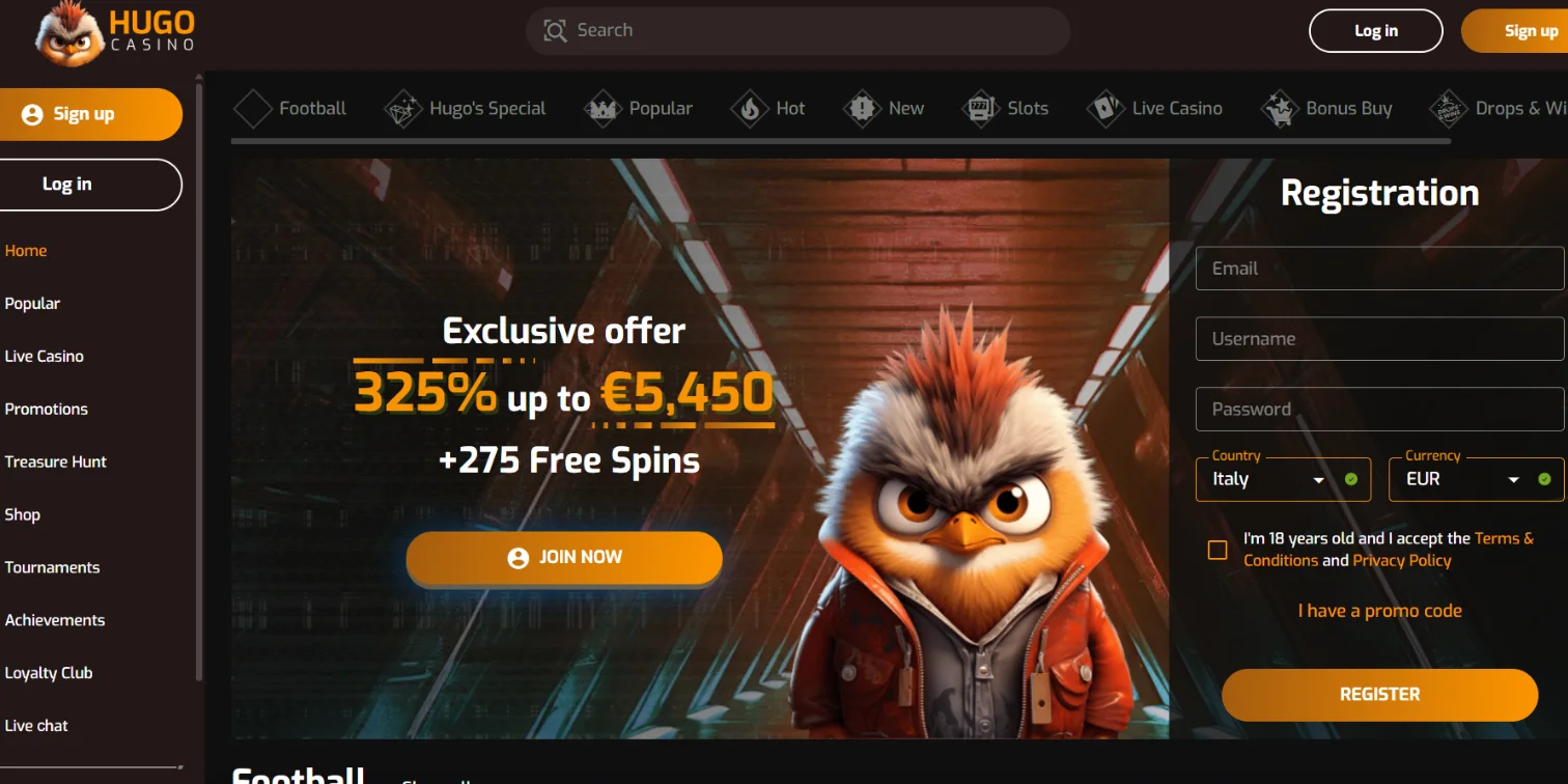Hugo Casino interface showing an exclusive bonus banner alongside a user registration form.
