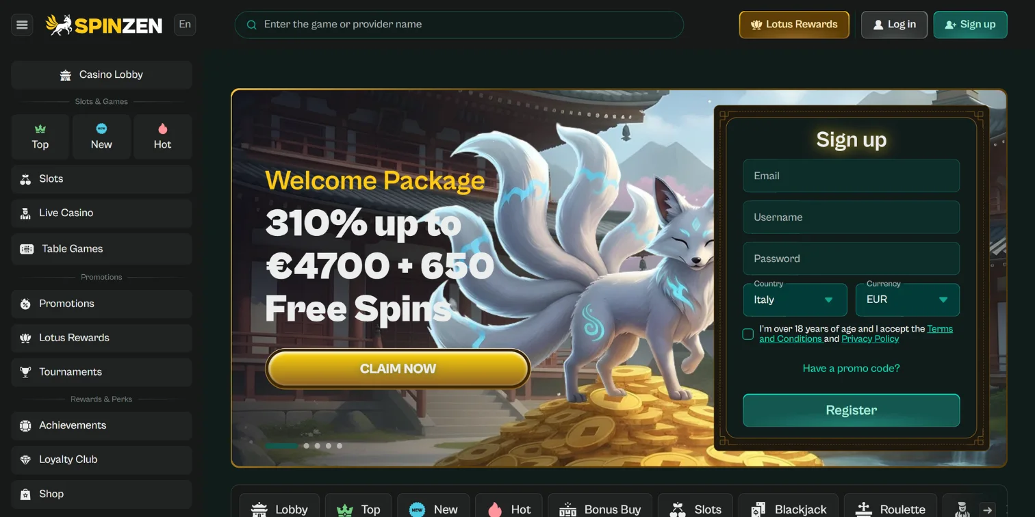 VPN-friendly casino Spinzen signup page showing a white multi-tailed fox and a welcome offer.