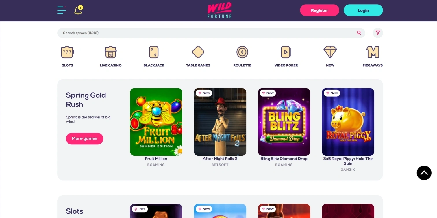 Wild Fortune Casino game lobby desktop interface displaying a selection of featured slot games.