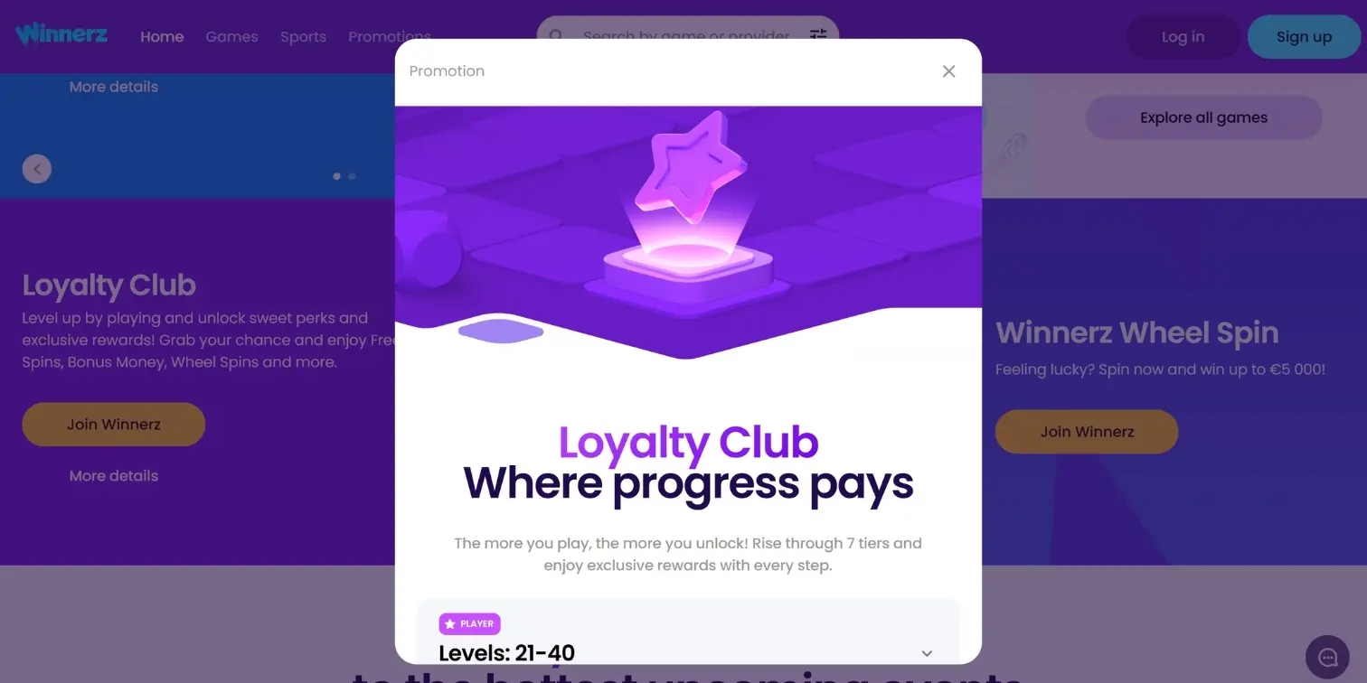 Loyalty Club promotion pop-up window on Winnerz Casino purple-themed website.