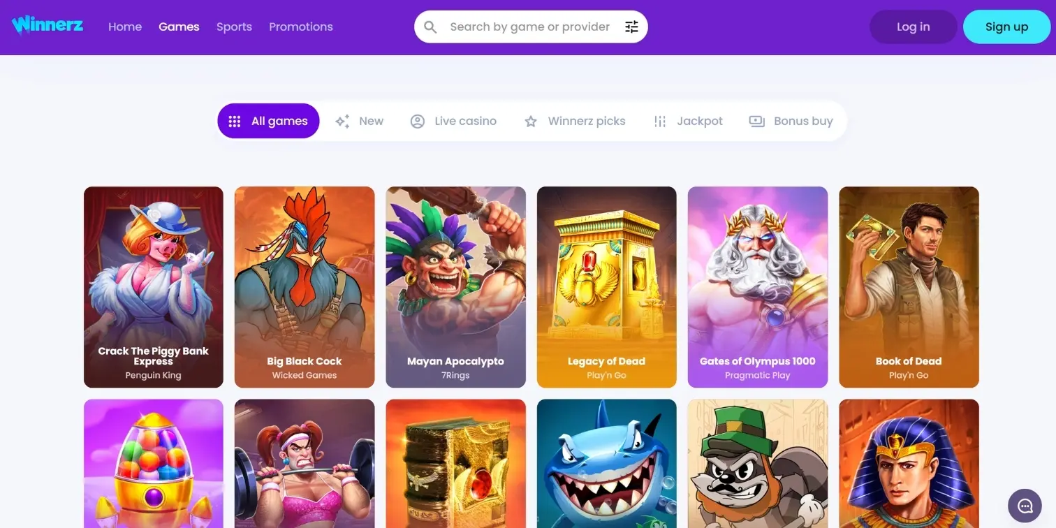 Winnerz Casino website games page showing a purple header menu and grid layout of online slots.