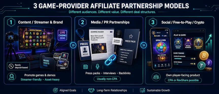 Three affiliate models: content creators, media partnerships, and social or crypto platforms.