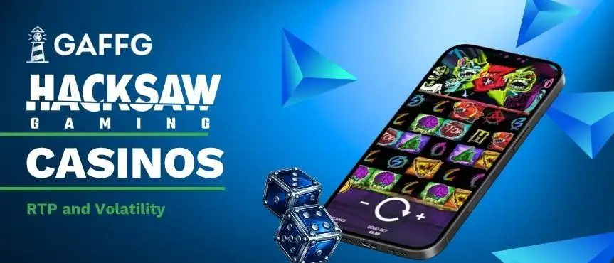 Hacksaw Casinos RTP and Volatility banner with phone, and a dice.