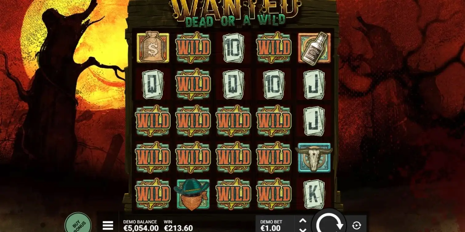 Wanted Dead or a Wild (from Hacksaw Gaming) slot showing a big win with multiple Wilds.
