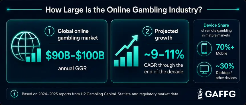 Online gambling market infographic showing $90–$100 billion annual GGR, 9–11% projected CAGR and 70%+ mobile device share.