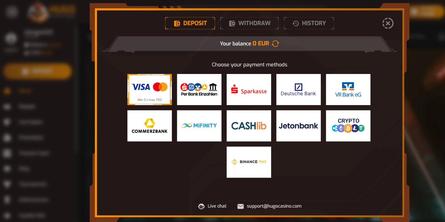 cashier at hugo casino with available payment methods for players where mastercard is highlighted