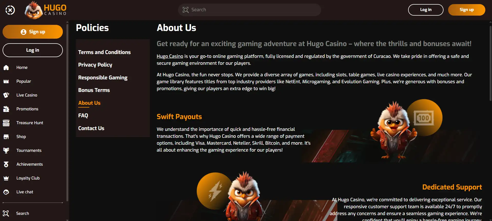 About Us page at Hugo Casino, featuring the company mascot and business details