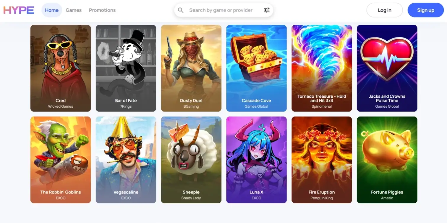 Hype Kasino banner showing the casino homepage with the most popular game options
