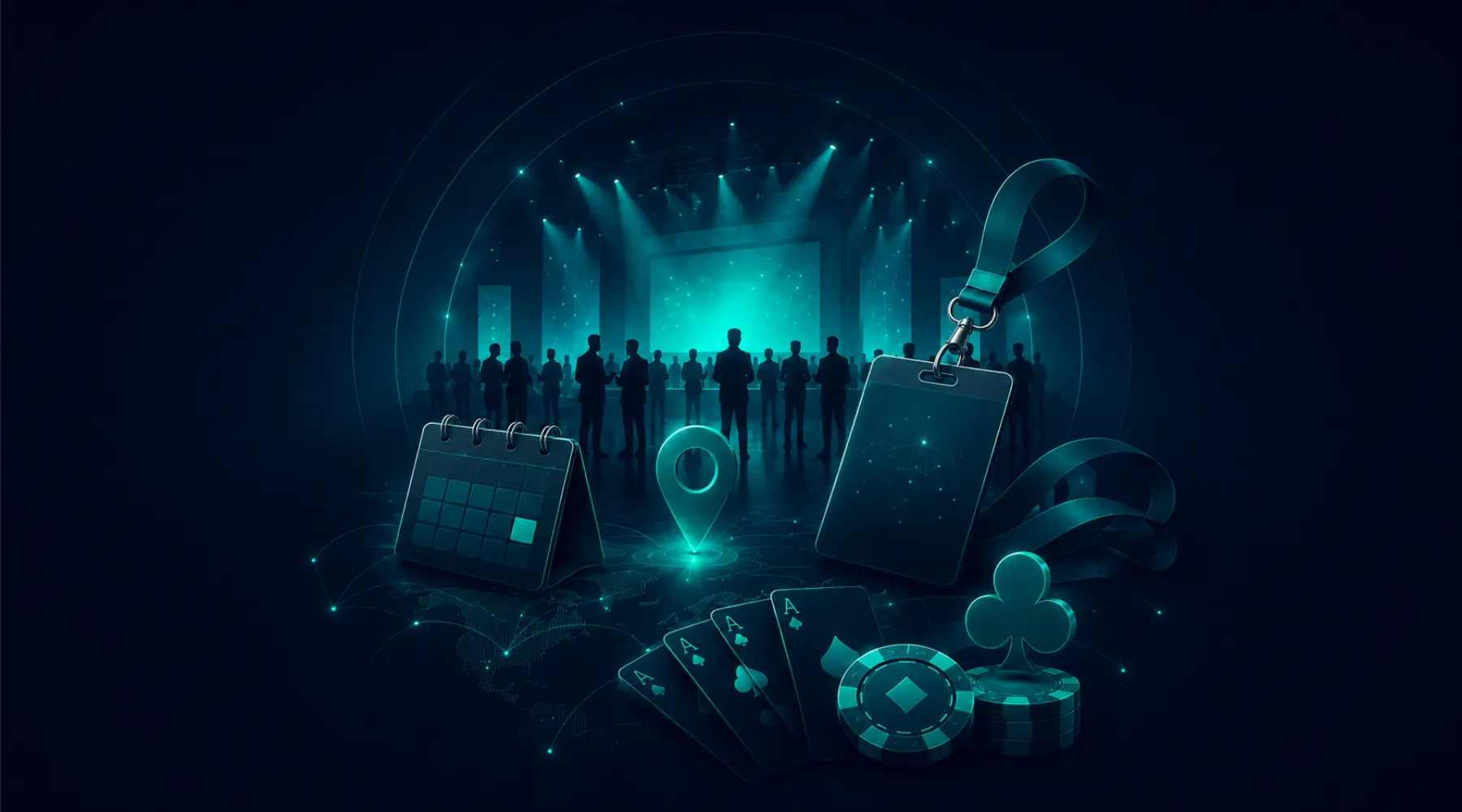 iGaming conference graphic featuring networking badges, a calendar, location pin and casino-themed icons.
