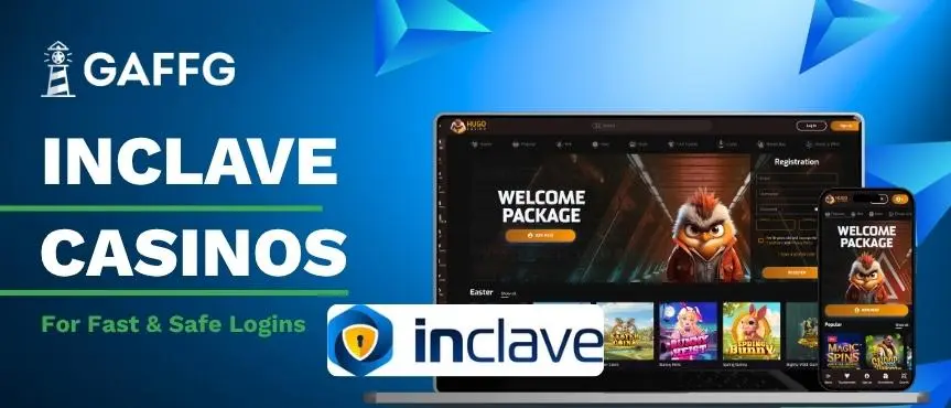 GAFFG banner for Best Inclave Casinos featuring an orange Inclave logo and Hugo Casino app.