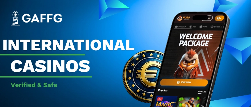international casinos verified & checked positioned next to a phone and a euro coin icon