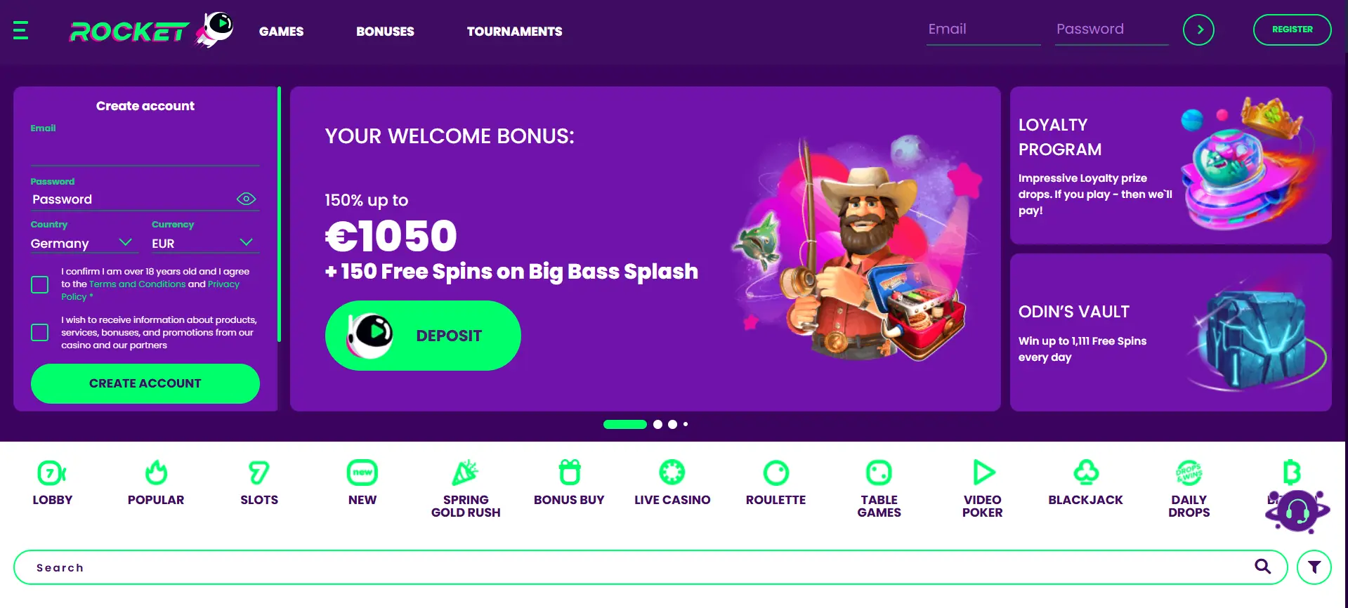 screenshot of the casinorocket website showing the welcome offer, registration form, and tabs