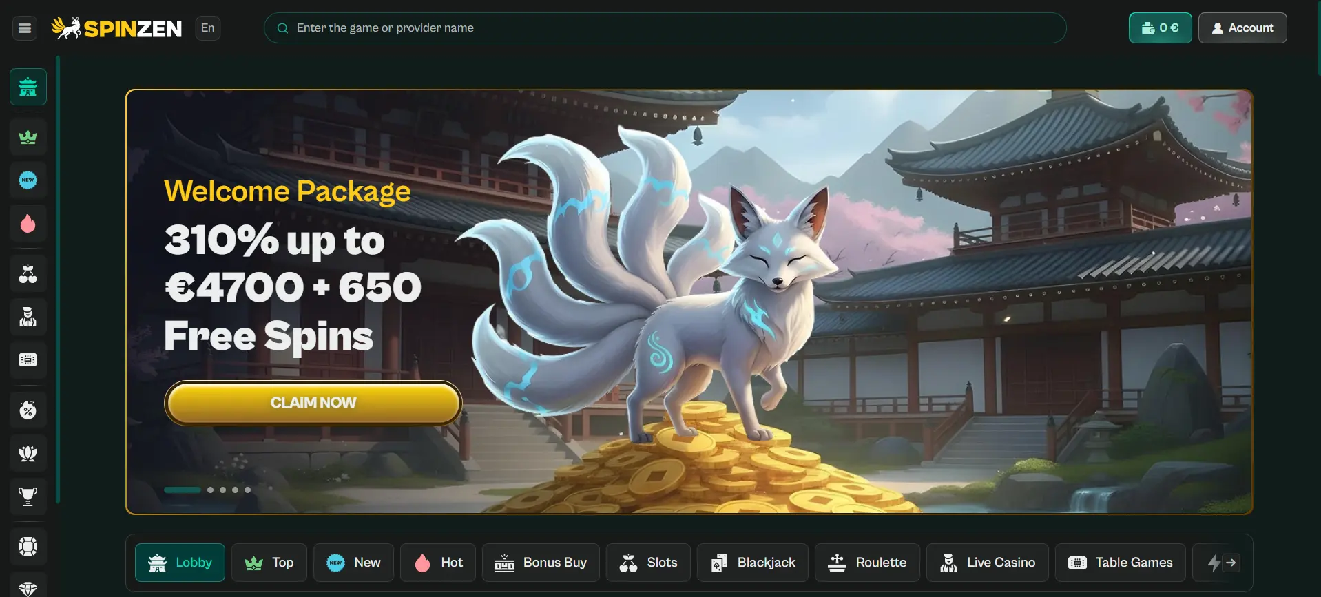 Spinzen Casino homepage displaying an anime-style fox mascot alongside a welcome bonus promotion and featured casino games.
