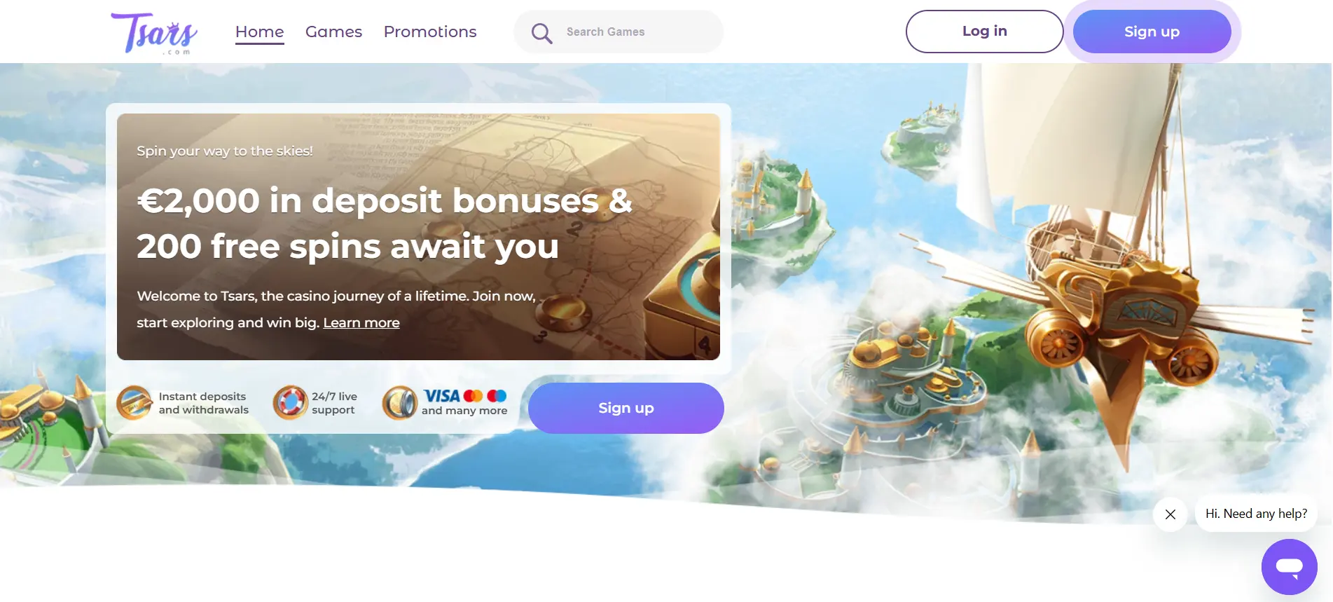 view of the Tsars Casino page featuring the welcome offer, and live chat and registration buttons