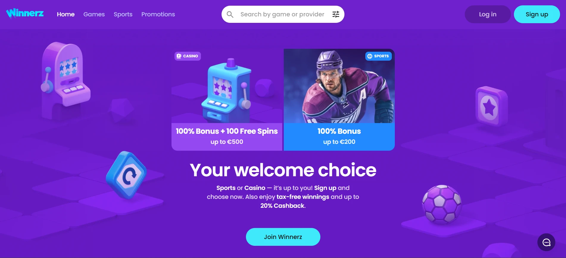 Winnerz Casino homepage, featuring an option to select a welcome offer for new players