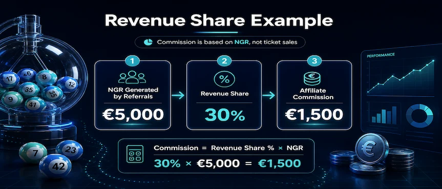 Revenue share diagram showing €5,000 NGR, 30% share, and €1,500 commission.