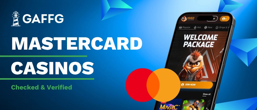 banner with mastercard logo on phone with hugo casino welcome package and title mastercard casinos