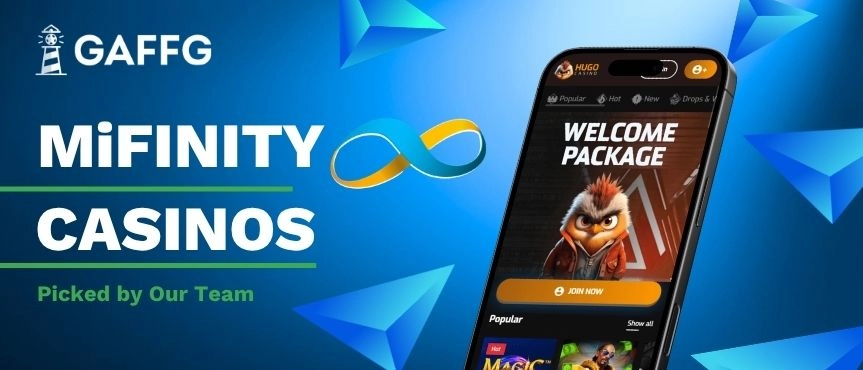 Banner for MiFinity Casinos Picked by Our Team next to a smartphone showing a casino bonus.