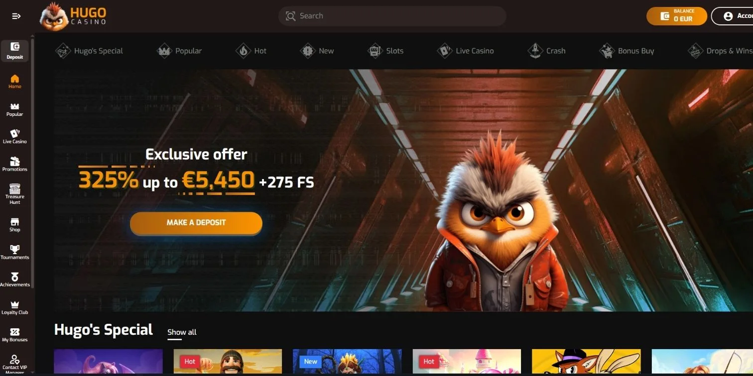 Hugo Casino homepage featuring an angry bird mascot and an exclusive 325% up to €5,450 bonus.