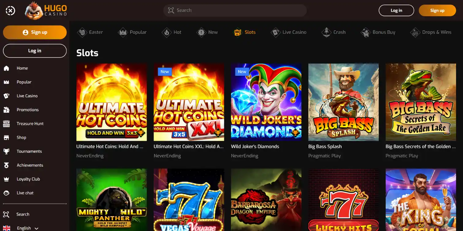 Hugo Casino's most popular slots with website menu and division into other game types