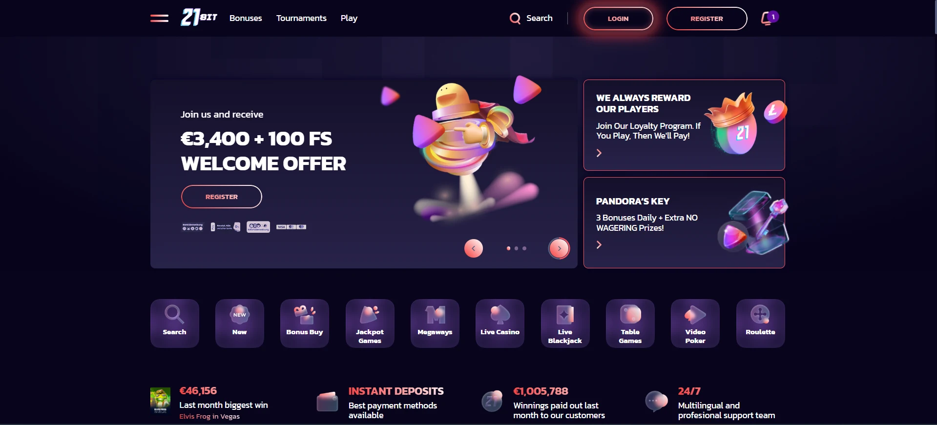 view of the 21bit Casino homepage with a welcome offer and available features for players