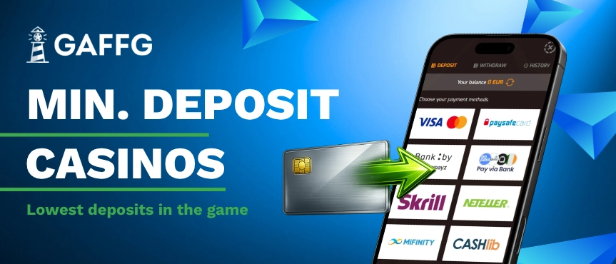 banner with Gaffg logo and mobile phone displaying deposit options next to text Min Deposit Casinos