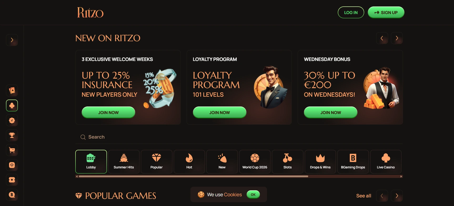 view of the Ritzo Casino page with bonuses for new players and navigation tabs for various features