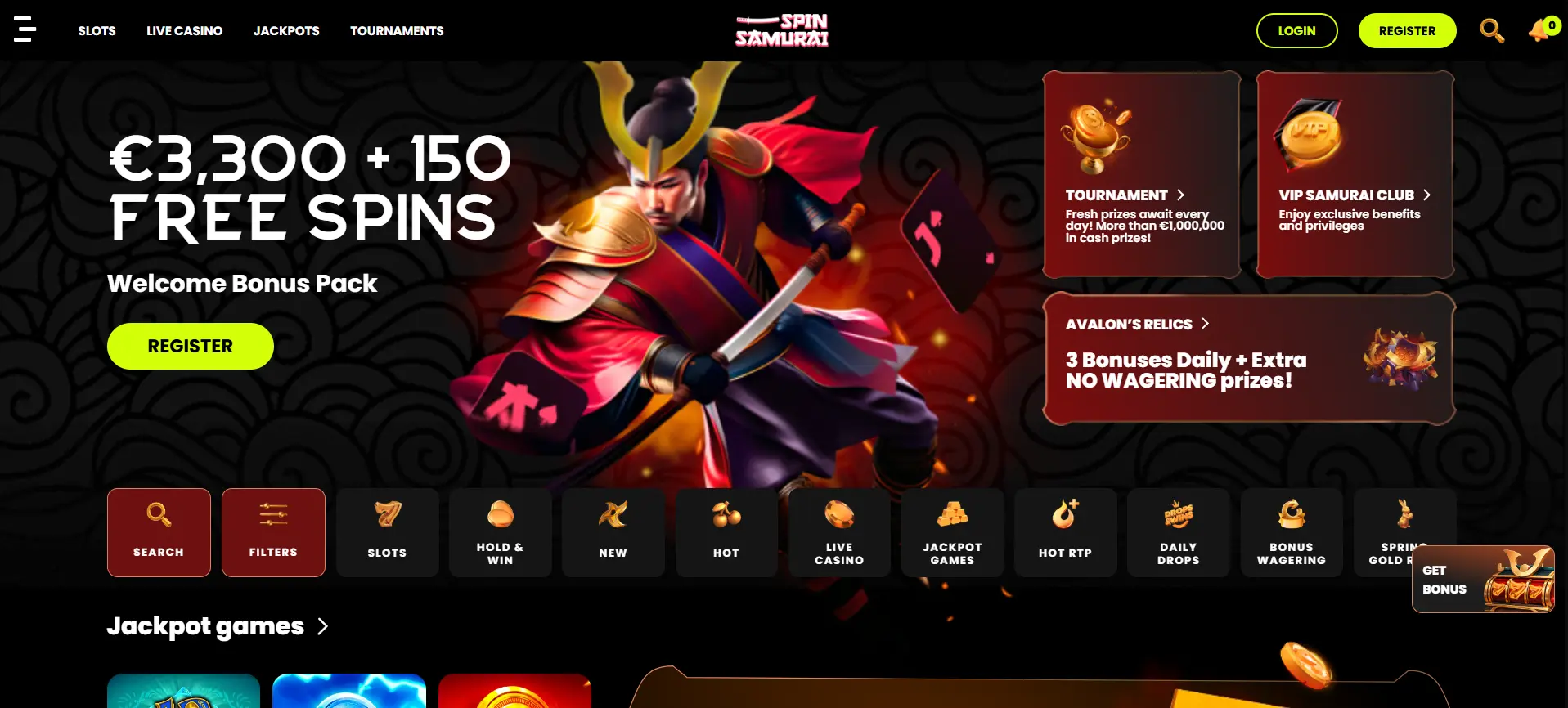spinsamurai casino homepage, presenting a welcome offer and user-oriented features