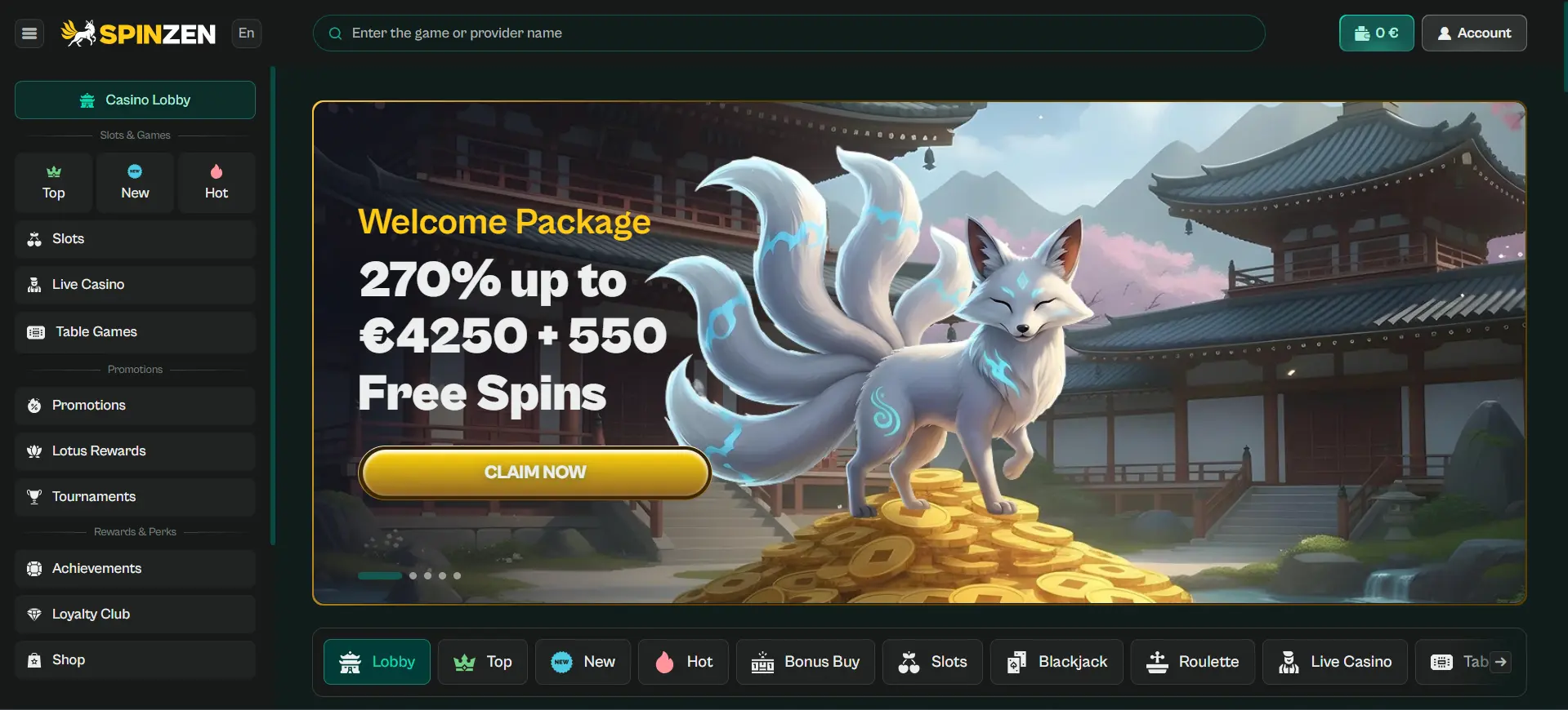 spinzen casino homepage, showcasing a welcome offer for new players and key features