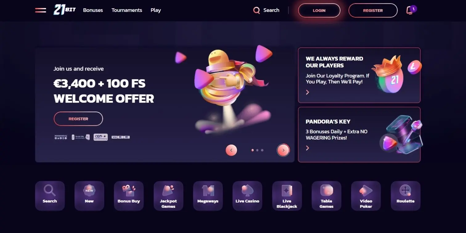 21bit Casino offer with €3,400, 100 free spins and loyalty program for Neosurf players.