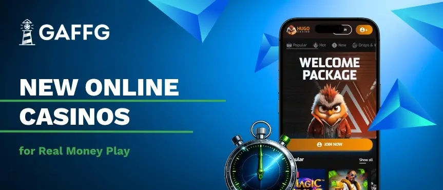 Gaffg banner showing text of new online casinos for real money play next to timer and a mobile showing new online casino website