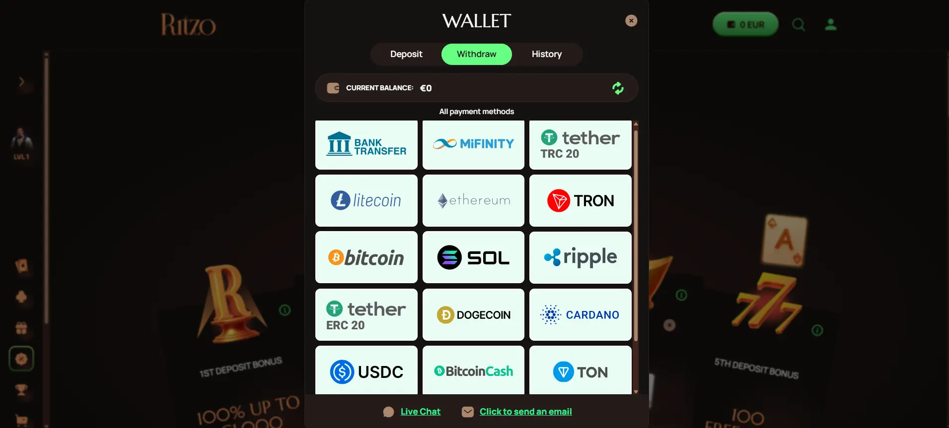 Ritzo Casino withdrawal section, displaying banking methods, cryptocurrencies, and e-wallets