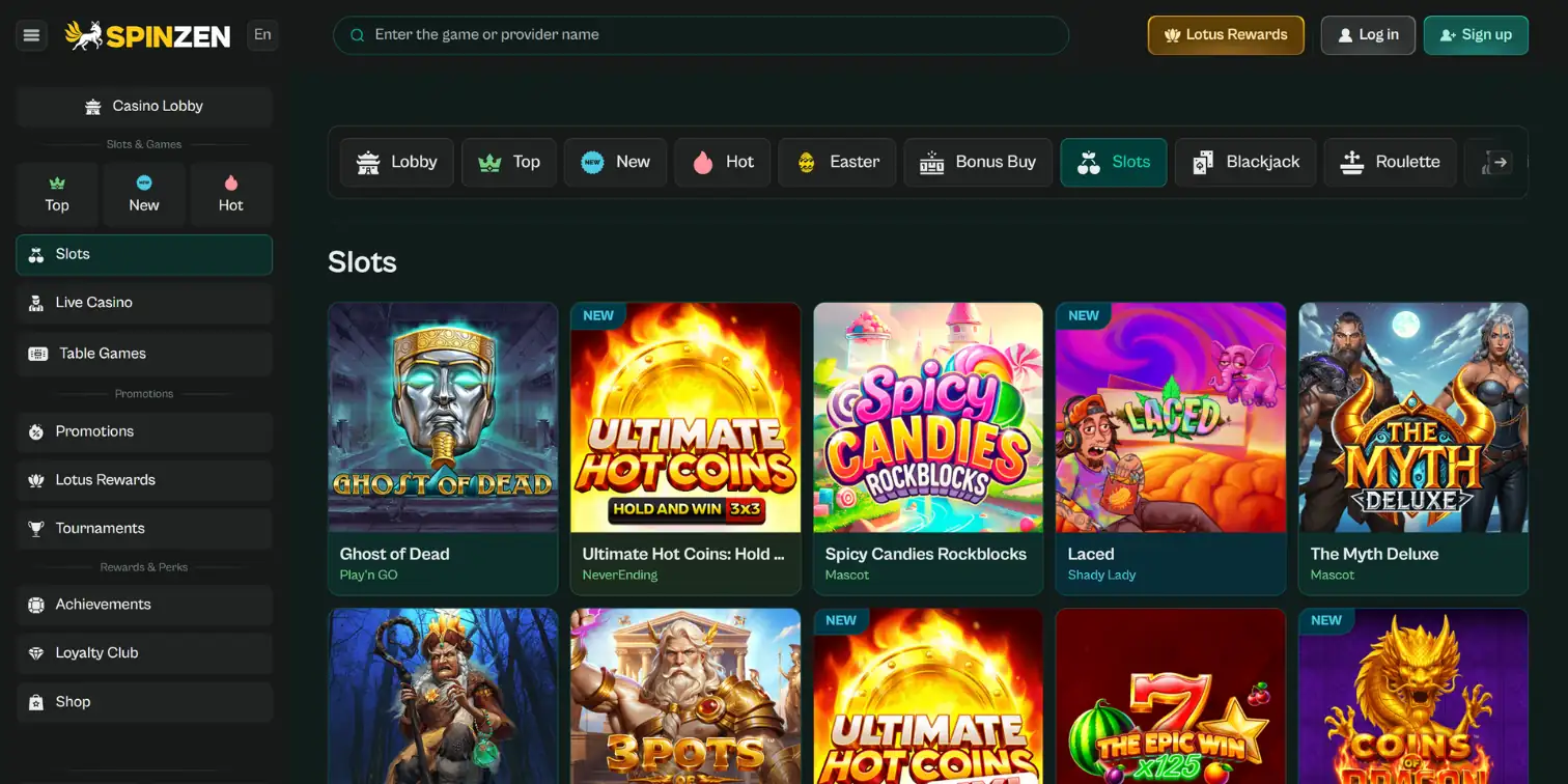 A view of various game titles in the Spinzen Casino library, along with the selection menu