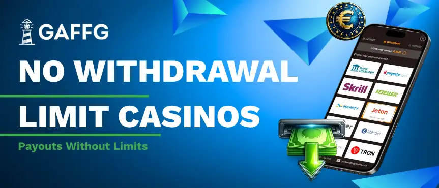 Banner with the title 'no withdrawal limit casinos' next to a phone showing casino payouts