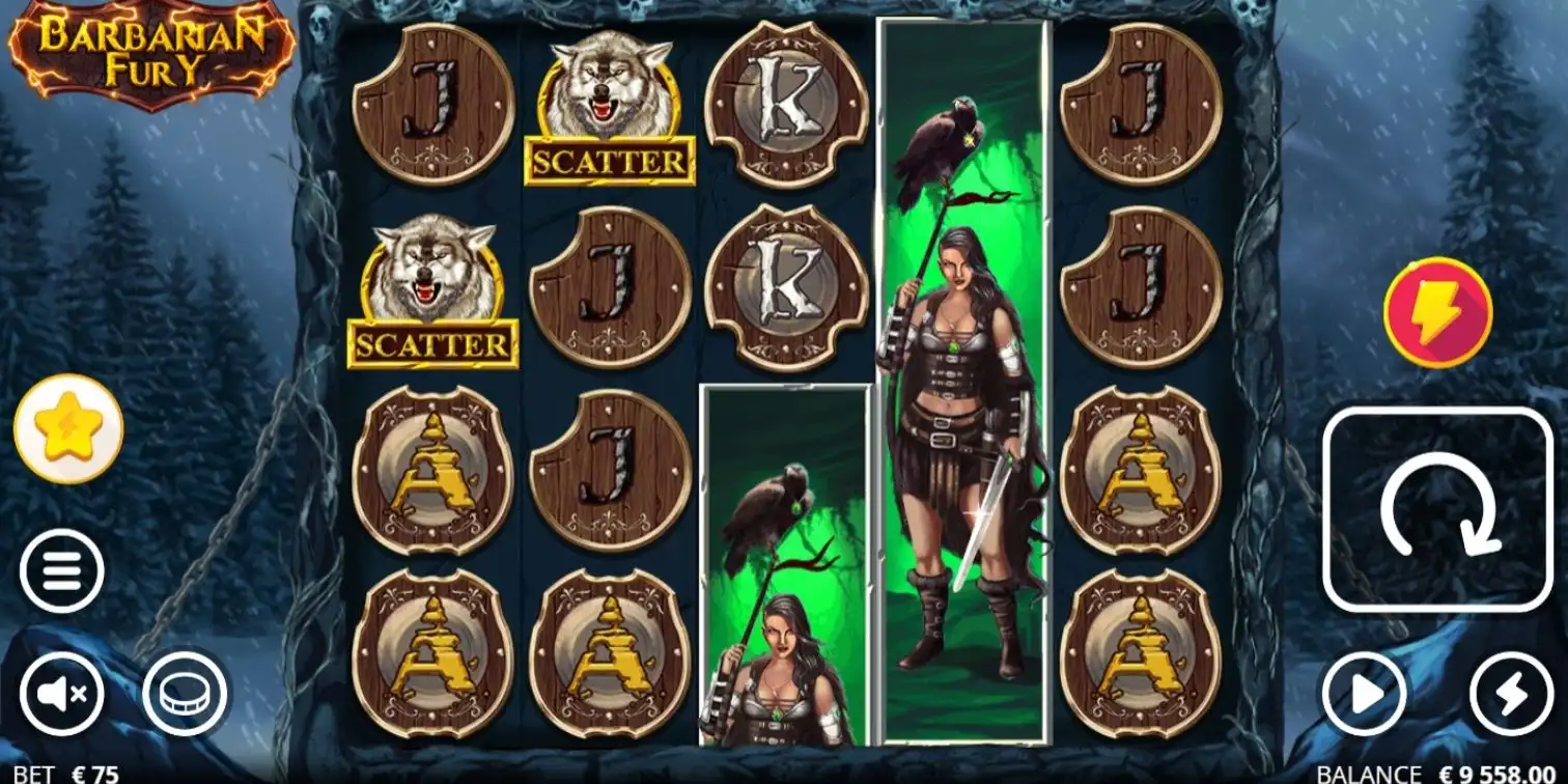 Gameplay of the Barbarian Fury slot from Nolimit City showing reels with Scatter symbols.