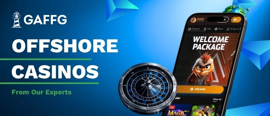 Offshore Casinos banner featuring a roulette wheel and a phone showing a casino app.
