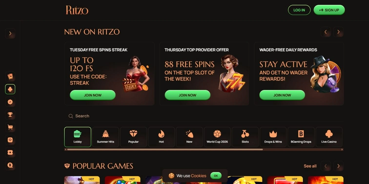 Ritzo Casino lobby with free spins streak, daily rewards promos for offshore players.