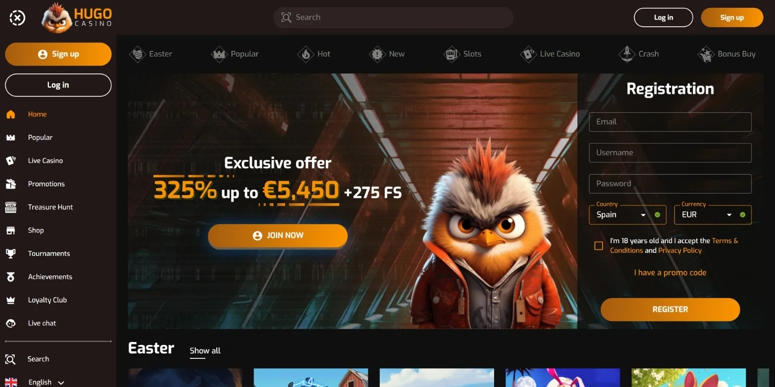 Hugo Casino registration page with an exclusive 325% offer up to €5,450 and 275 free spins.