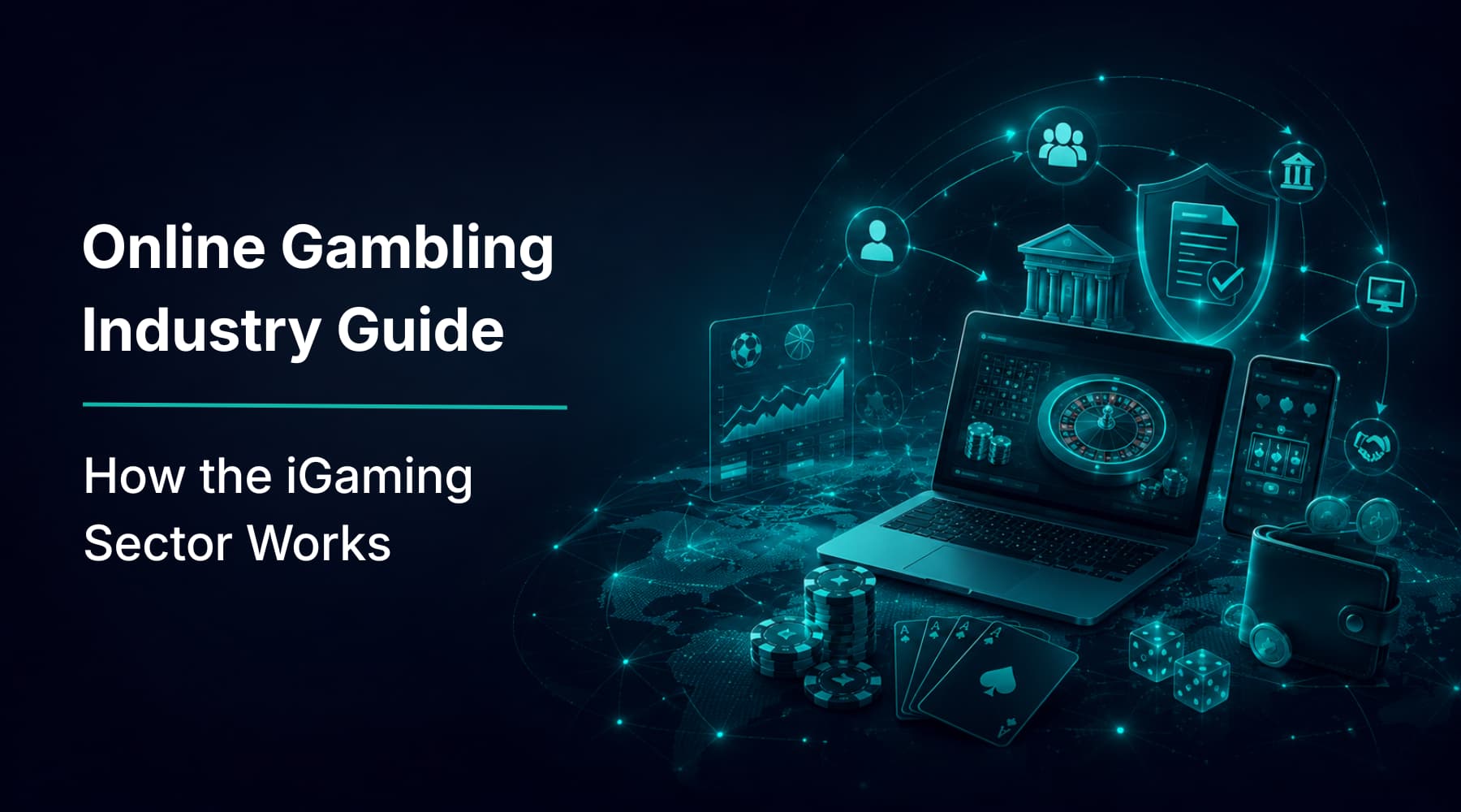Online gambling industry guide visual with casino technology, payments, regulation and sports betting graphics.
