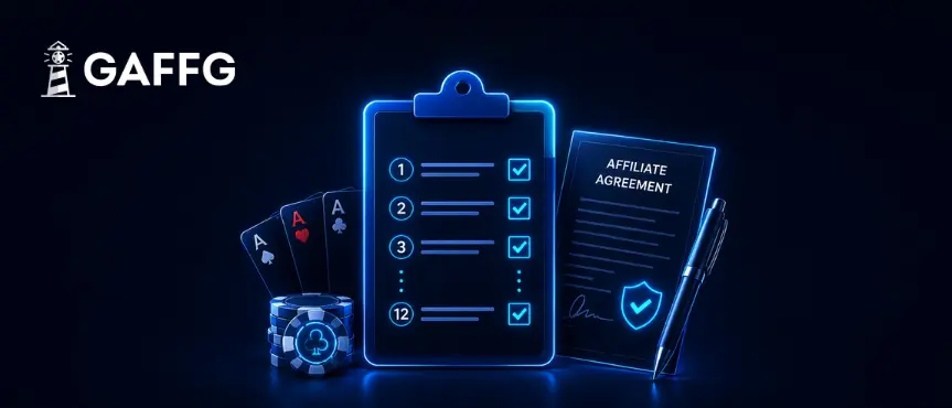 Gaffg 12-step iGaming affiliate agreement checklist graphic with a digital contract, tick boxes, playing cards and casino chips. 