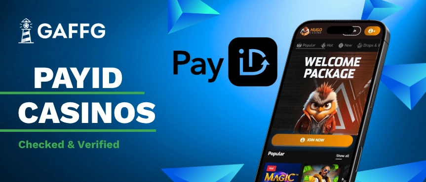 text PayID Casinos next to payment method logo and smartphone displaying Hugo Casino website
