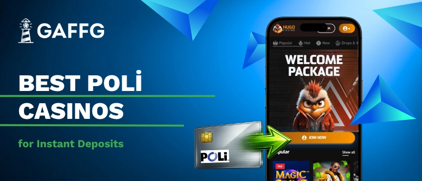 GAFFG banner for the Best POLi Casinos featuring a smartphone with a welcome package.