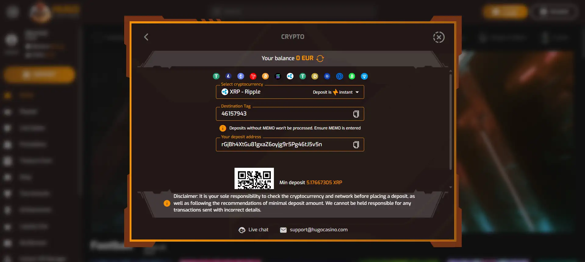 deposit screen from the Hugo Casino cashier section, with the Ripple option visible in the center